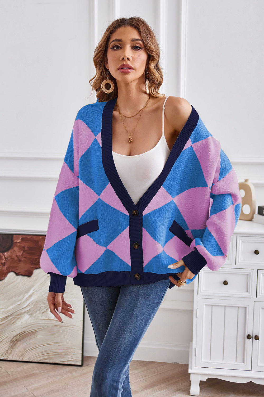 Geometric Lantern Sleeve Cardigan with Pockets Cobalt Blue 87b7ca37efcc401cadf4c344c69b9f8c-Max Glownestbest
