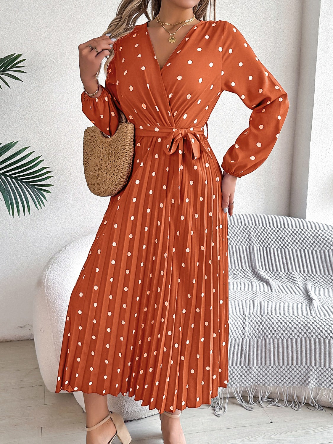 Tied Polka Dot Long Sleeve Midi Dress Ochre 87cd21a5-17b5-44ae-8239-4120116dafbd-Max Glownestbest