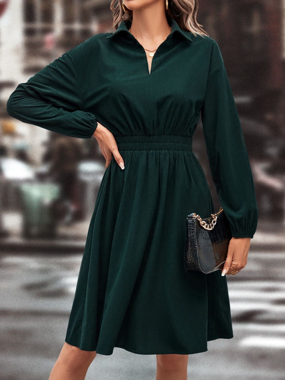 Smocked Johnny Collar Long Sleeve Dress 8820655e-cd51-4168-98e0-1a00baed0207-Max Glownestbest