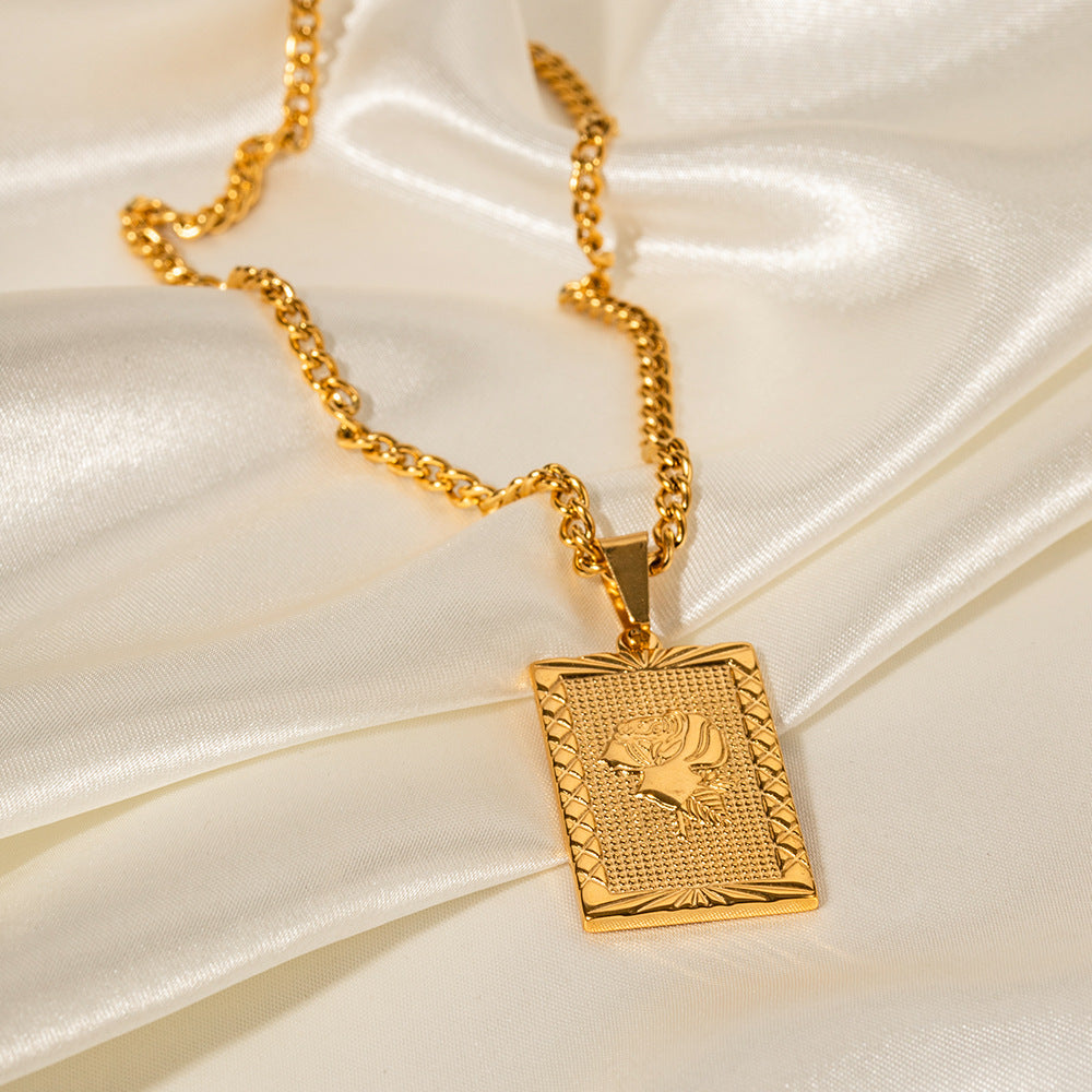18K Gold Exquisite Fashion Rectangular Rose Tag Design Necklace 882c81ee-5006-4626-a59a-543e525b8d15 Artshiney