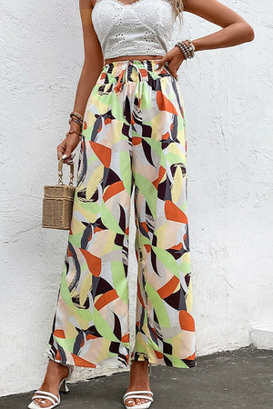 Shiny Printed Smocked Waist Wide Leg Pants 88327eb2d9384c348e8f13e2402456b7-Max Trendsi