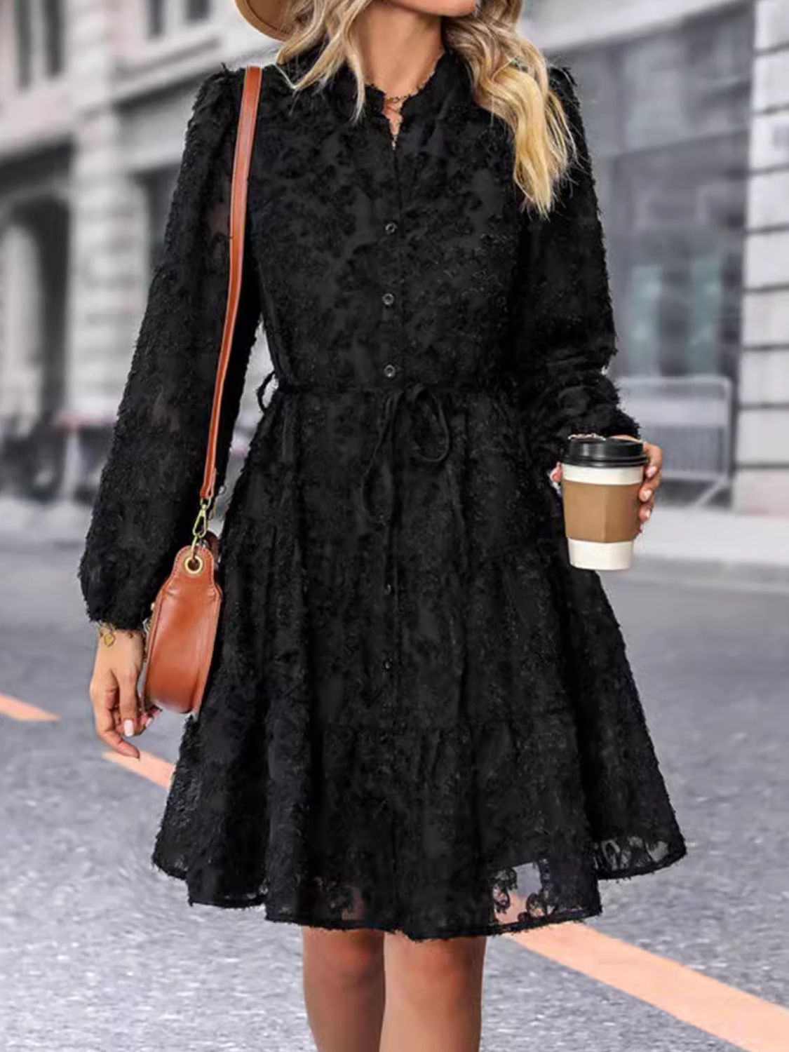 Lace Button Down Long Sleeve Mini Dress Black 884b94b3-363c-4ead-a42f-24eb8b02bde4-Max Glownestbest
