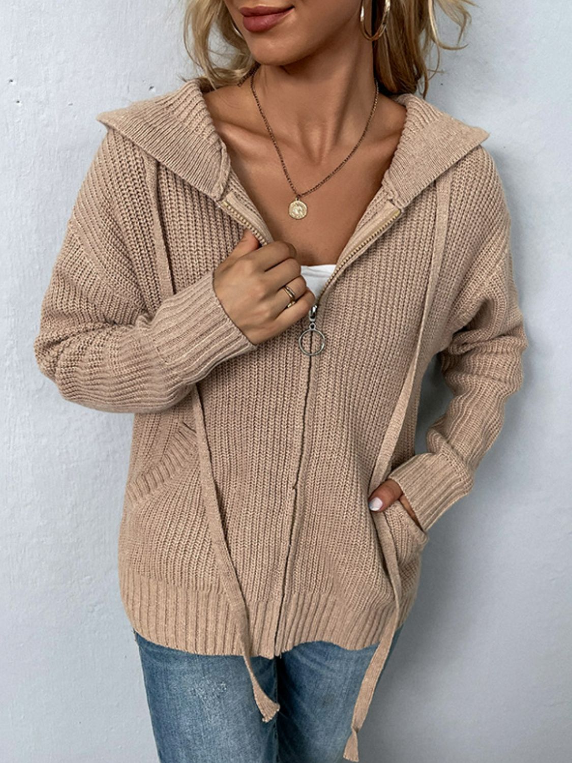 Zip-Up Drawstring Detail Hooded Cardigan 885f085e62dc4a1c92d59a4af0948b99-Max Glownestbest