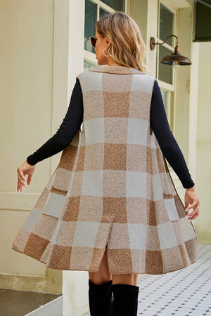 Glownestbest® | Plaid Open Front Sleeveless Cardigan with Pockets 886293a0ae334b1fa62fa4c11d7156a9-Max Glownestbest