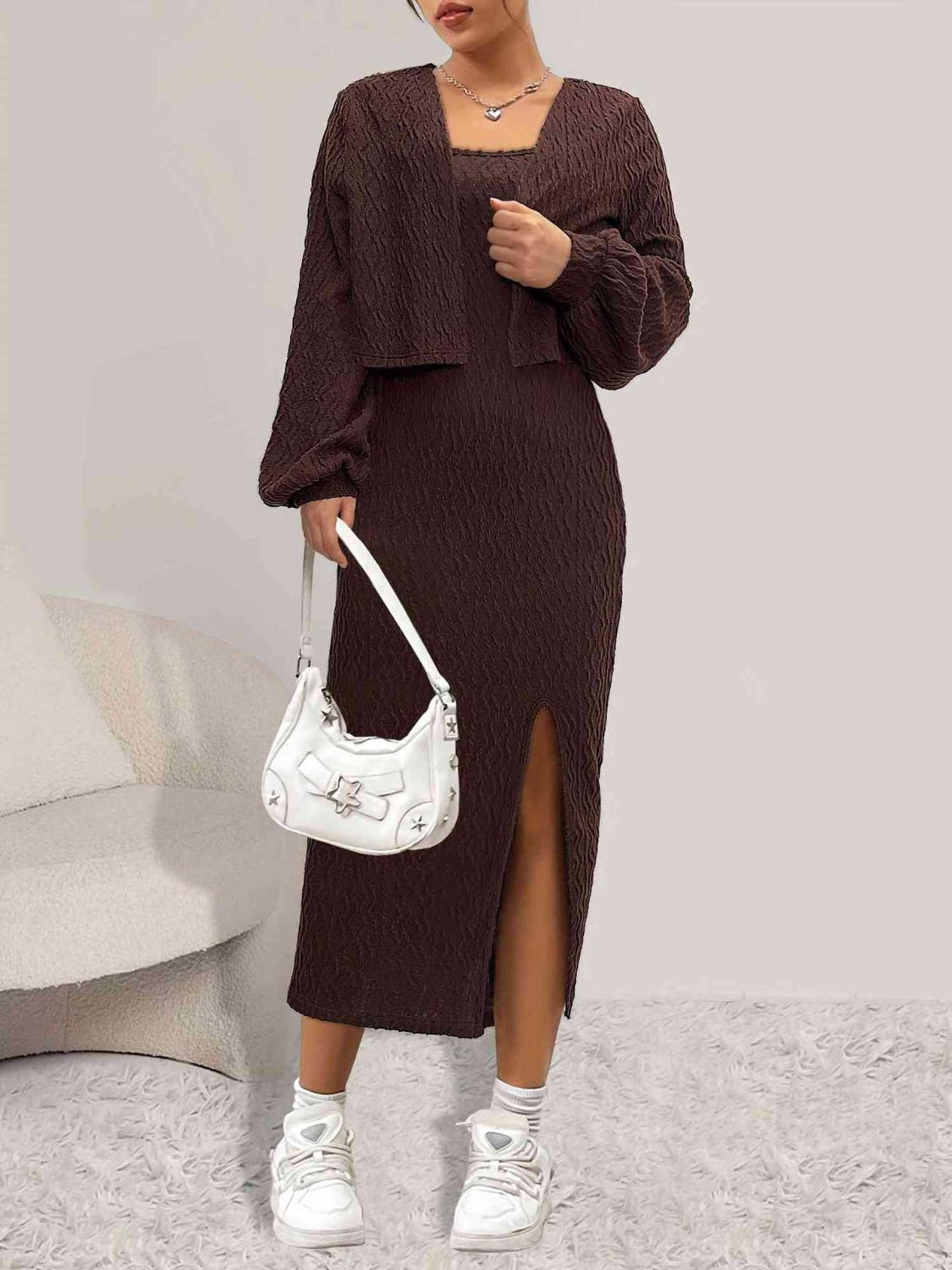 Open Front Long Sleeve Cardigan and Side Slit Cami Dress Set Brown 88810858-590a-420e-bc83-abe762ce8d8a-Max Glownestbest