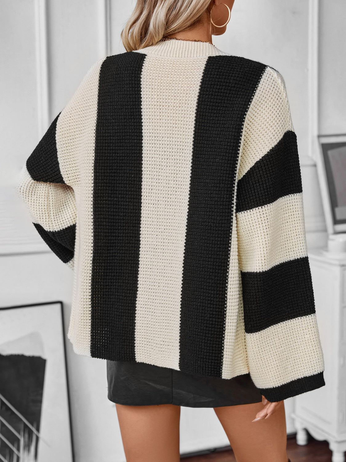 Waffle-Knit V-Neck Striped Long Sleeve Cardigan 895a297a-c05a-4d4a-8715-8e6e31246019-Max Glownestbest