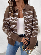 Perfee Geometric Zip Up Collared Neck Long Sleeve Cardigan Coffee Brown 898e44a9-bec2-468b-bea0-2f7395c470bc-Max Glownestbest