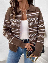 Perfee Geometric Zip Up Collared Neck Long Sleeve Cardigan Coffee Brown 898e44a9-bec2-468b-bea0-2f7395c470bc-Max Glownestbest