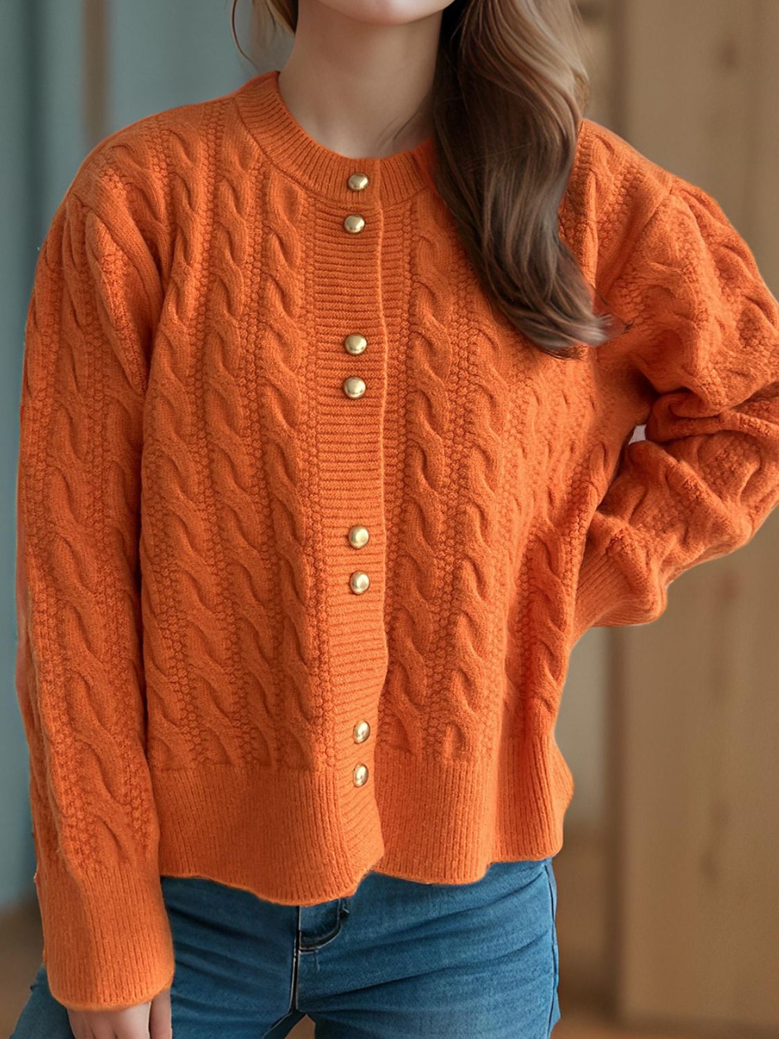 Cable-Knit Round Neck Long Sleeve Cardigan Orange One Size 89c6f8b8-1654-4835-bf6e-84686dd01863-Max Glownestbest