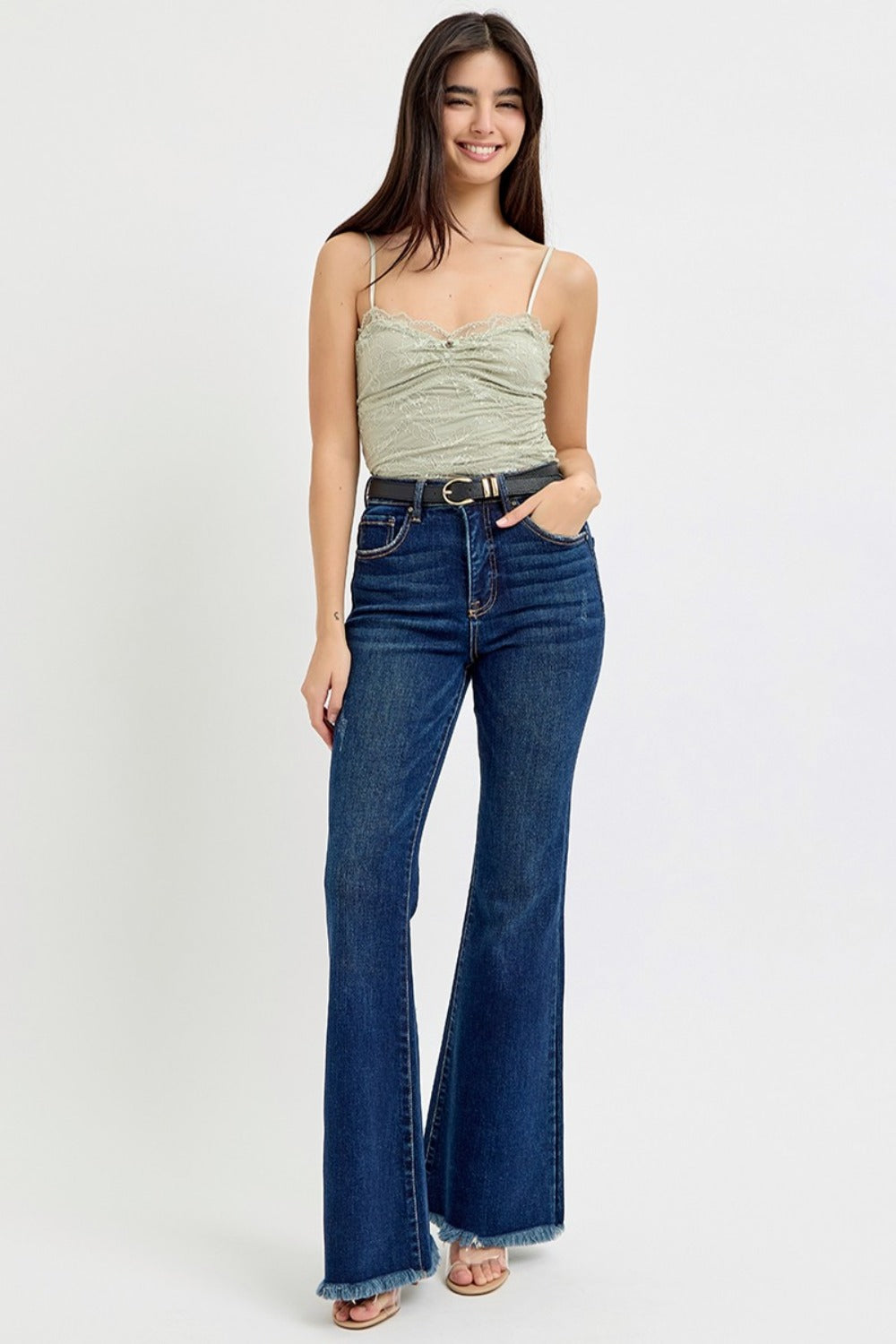 RISEN Tummy Control Frayed Hem Flare Jeans 8a32141c-db06-4656-8107-e463c35aa390-Max Trendsi
