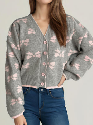 Bow V-Neck Button Down Long Sleeve Cardigan 8a413899-cfe2-44de-9962-3d1ec1e8136e-Max Glownestbest
