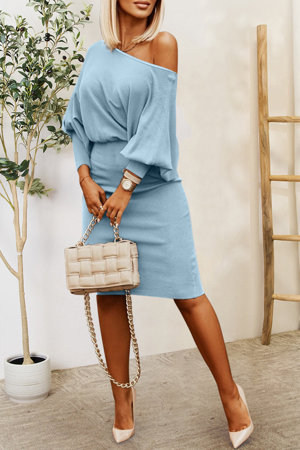 Ruched Lantern Sleeve Dress Light Blue 8ad631e9-aea4-4cf3-9410-097e36ad844a-Max Glownestbest
