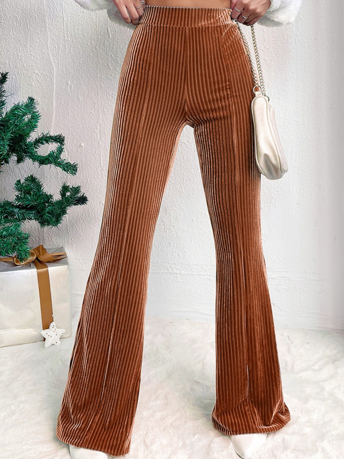 Ribbed High Waist Bootcut Pants Caramel 8adcc11b-a4d5-488f-912d-7a7b6c487452-Max Trendsi