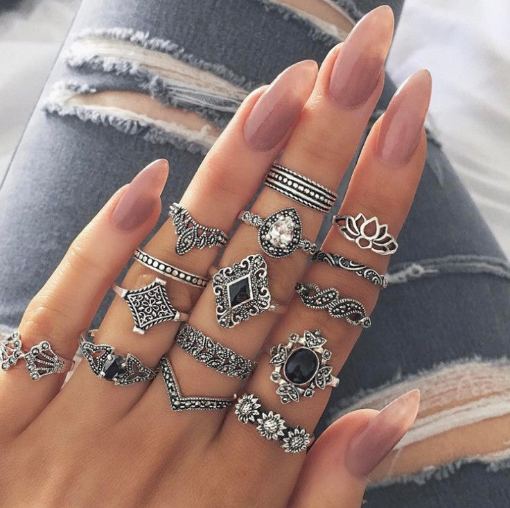 15 Piece Alloy Vintage Ring Set Silver One Size 8af69e7a-71c1-4ba3-888a-02fc389a5acf-Max Trendsi