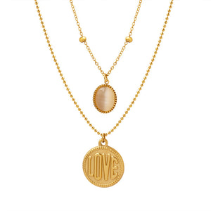 18K Gold Classic Simple LOVE Round Plate with Opal Double Layer Necklace Only 8b37719d-35e4-4252-a273-6dcbb617fd14 Artshiney