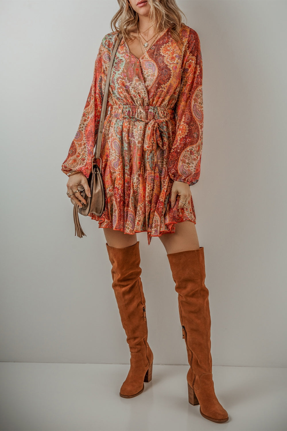 Tied Printed Balloon Sleeve Mini Dress 8b7b5852-edc9-41c2-a489-c3f06c29088e-Max Glownestbest