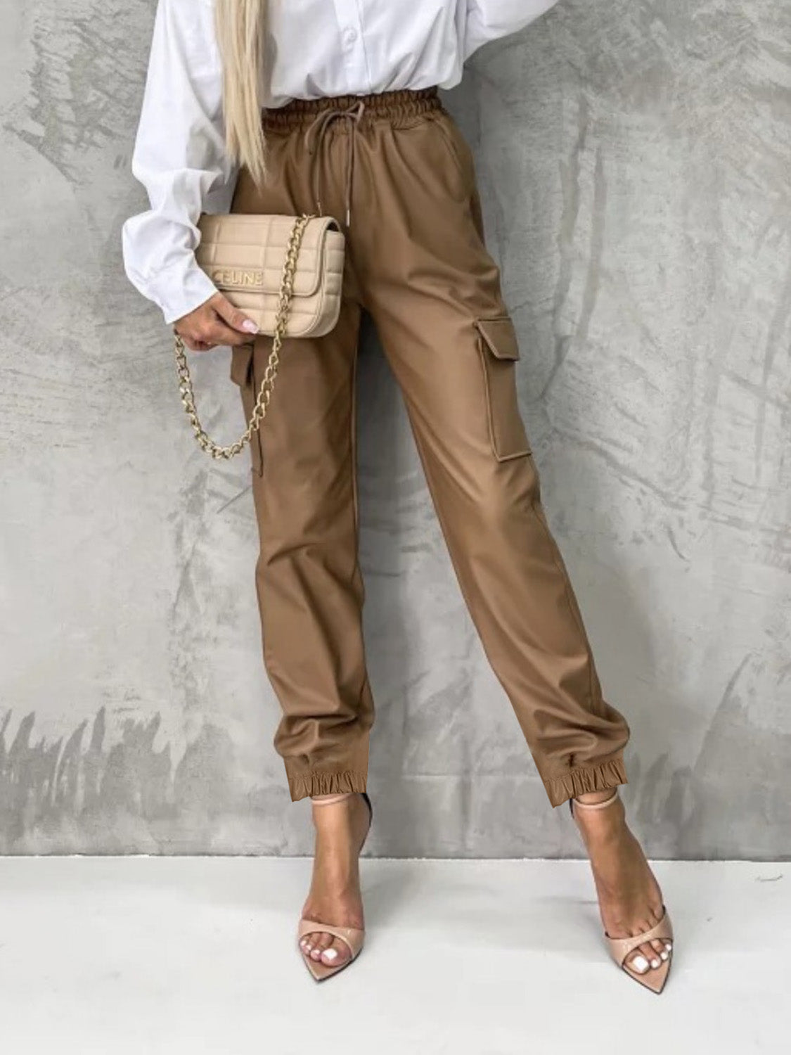 Tied High Waist Pants with Pockets Caramel 8ba90e96-51bb-40c5-bf9e-f5aa958d2ad4-Max Trendsi