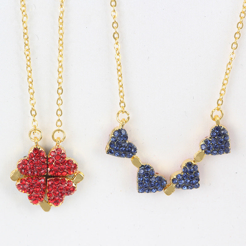 Noble and luxurious four-leaf clover paired with a heart studded with diamonds, a two-wear design necklace K gold double-sided red and blue opening and closing model 8bf3aeee-d15f-42b5-84f7-de08948ca95e Artshiney