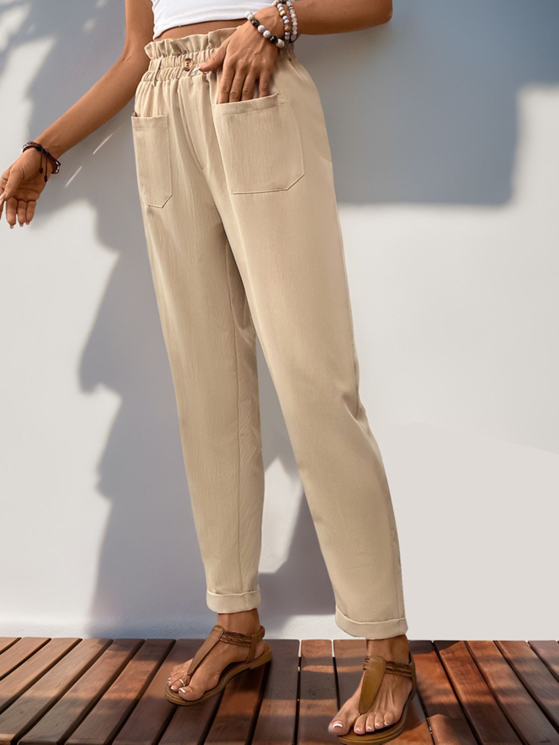 Perfee Frill High Waist Pants with Pockets 8c3e76b5-ae56-47cf-b19e-4675cbc2dbf1-Max Trendsi