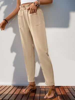 Perfee Frill High Waist Pants with Pockets 8c3e76b5-ae56-47cf-b19e-4675cbc2dbf1-Max Trendsi