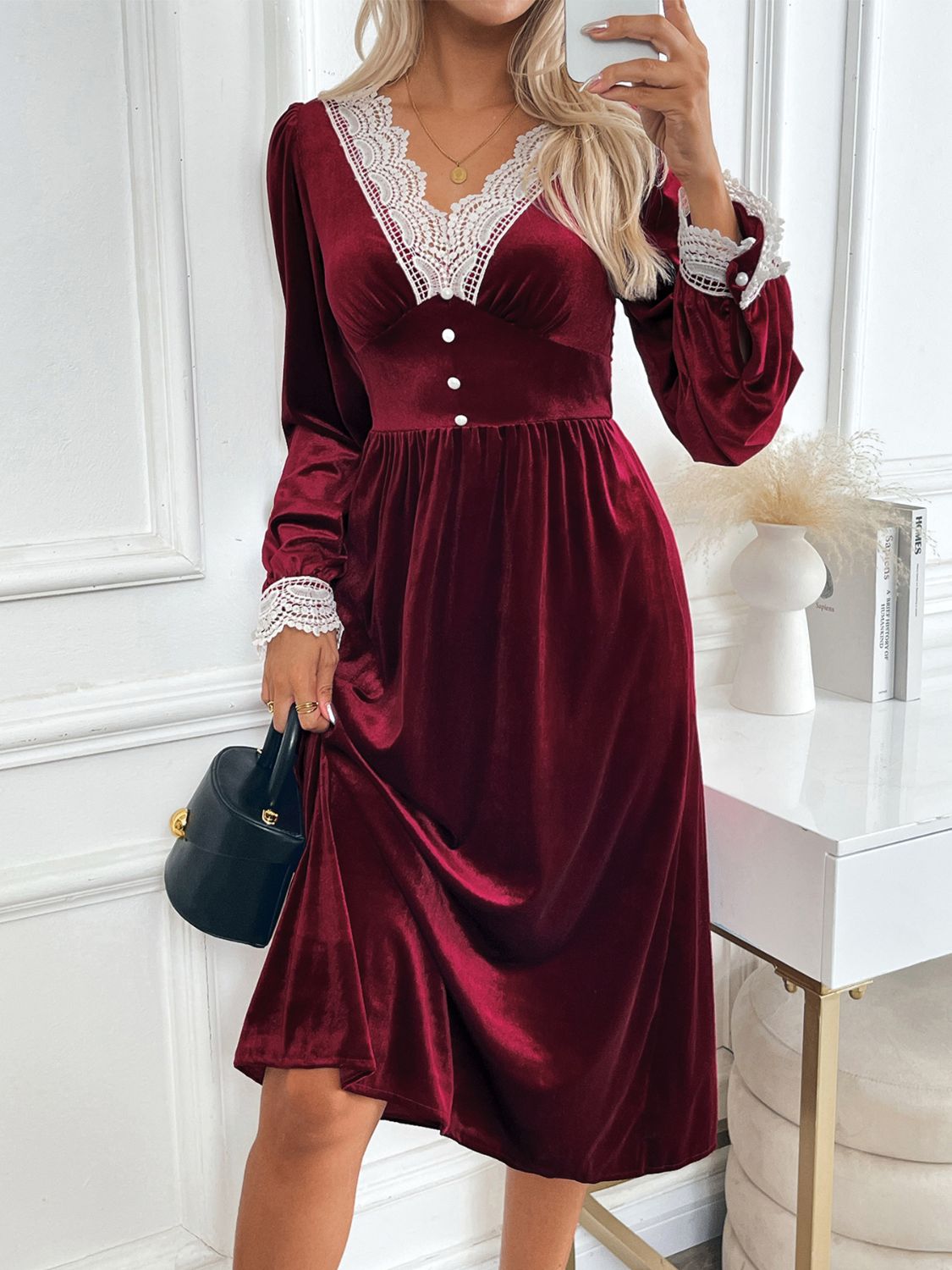 Perfee Lace Detail V-Neck Long Sleeve Midi Dress 8c537bb1-84b9-4991-9f70-41c4c1dd1bf3-Max Glownestbest