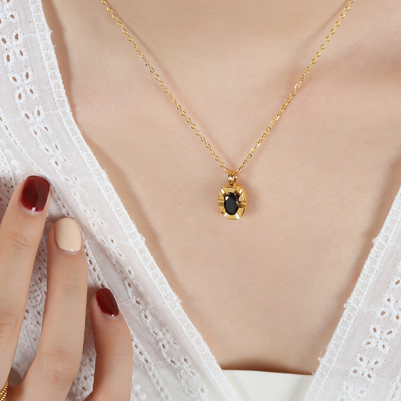 18K Gold Simple Atmospheric Oval Inlaid Zircon Carving Design Versatile Pendant Necklace 8c54084b-fc30-4e2e-8122-fdcbed408104 Artshiney