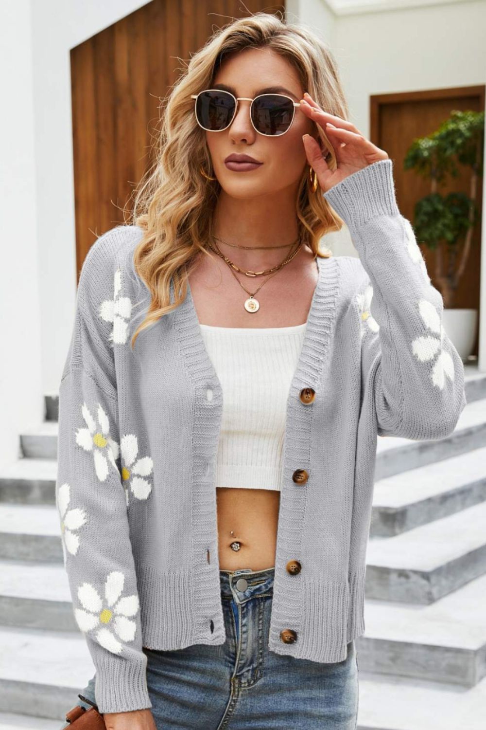 Floral Ribbed Trim Drop Shoulder Cardigan Gray 8c78cf5f580547e5a21e1215b1cec4ca-Max Glownestbest