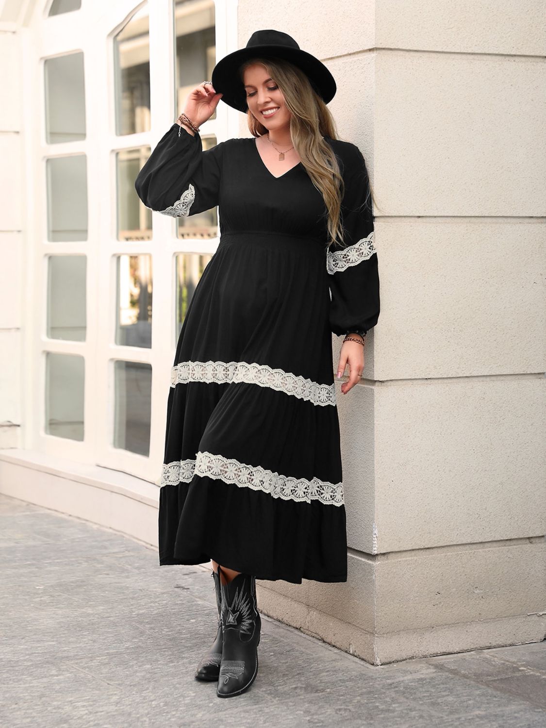 Plus Size Lace Detail V-Neck Long Sleeve Midi Dress 8c7a251e-ac38-44b1-a0cf-14c409e60c7c-Max Glownestbest