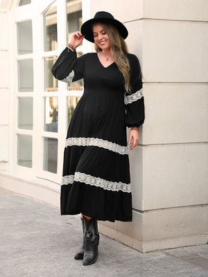 Plus Size Lace Detail V-Neck Long Sleeve Midi Dress 8c7a251e-ac38-44b1-a0cf-14c409e60c7c-Max Glownestbest