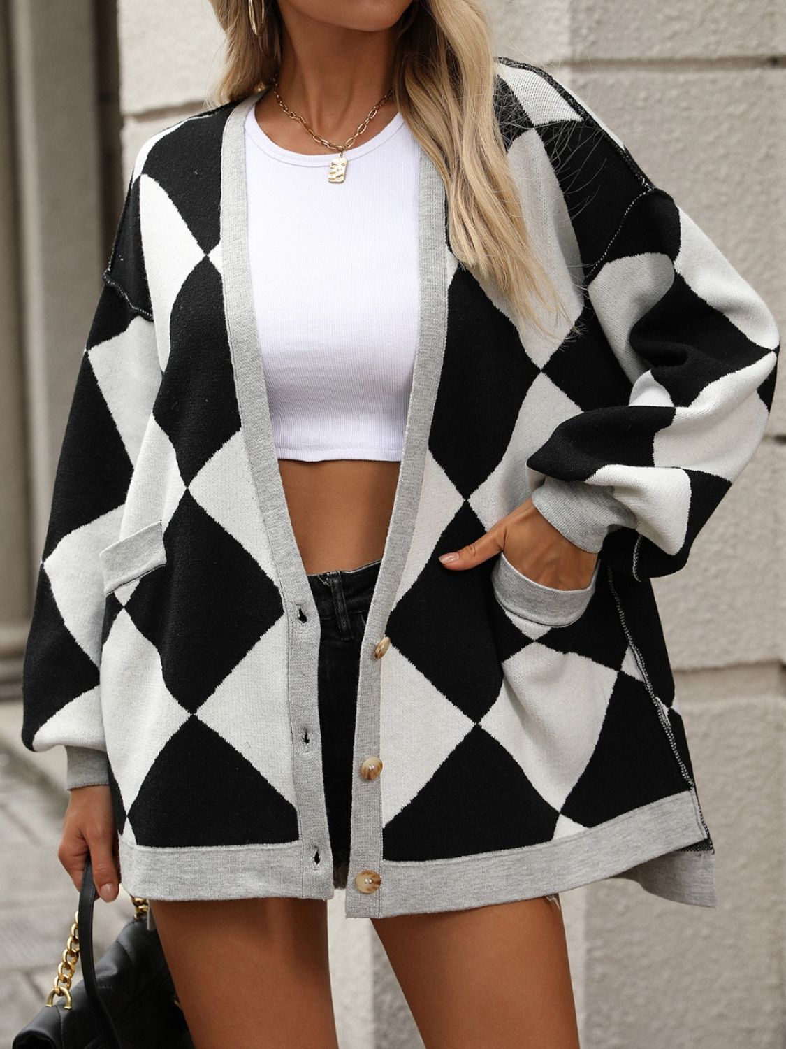 Checkered Dropped Shoulder Long Sleeve Cardigan 8ca3df56-707d-497d-8568-800d6def6d49-Max Glownestbest