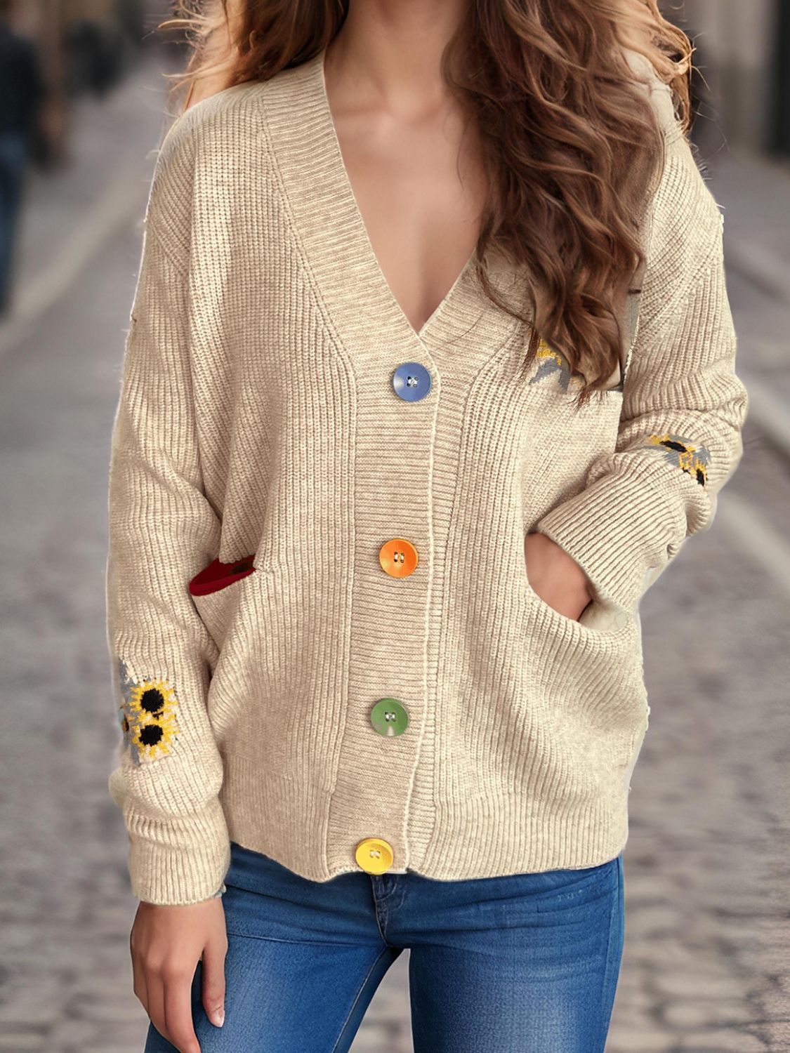 Contrast Button V-Neck Long Sleeve Cardigan Tan One Size 8caddb87-d235-495a-9718-26497b10cf00-Max Glownestbest