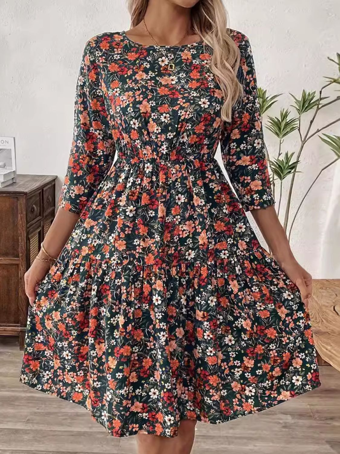 Frill Floral Round Neck Dress 8d0b4efc-a4c5-465f-aa33-7c0ec2aaf348-Max Glownestbest