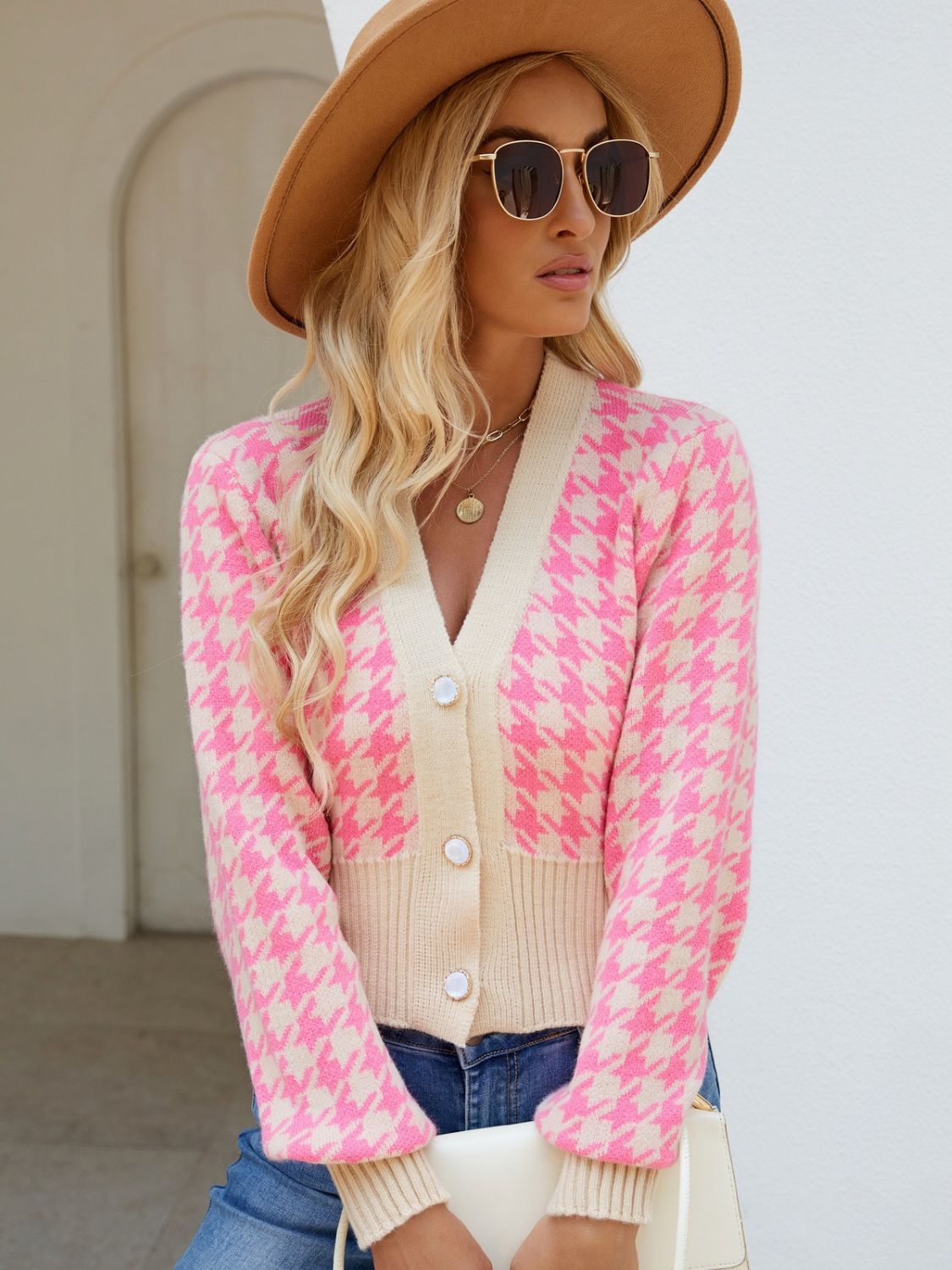 Houndstooth Button Up Long Sleeve Cardigan Pink One Size 8d21303e-3cbb-4fd7-8b17-86dd46a72648-Max Glownestbest