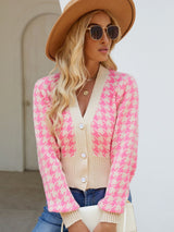 Houndstooth Button Up Long Sleeve Cardigan Pink One Size 8d21303e-3cbb-4fd7-8b17-86dd46a72648-Max Glownestbest