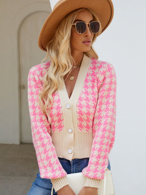 Houndstooth Button Up Long Sleeve Cardigan Pink One Size 8d21303e-3cbb-4fd7-8b17-86dd46a72648-Max Glownestbest