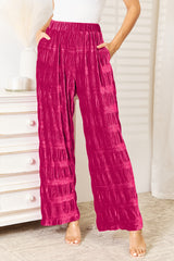 Double Take Full Size High Waist Tiered Shirring Velvet Wide Leg Pants Hot Pink 8d54aa773ada4250b611657b79fd2d13-Max Trendsi