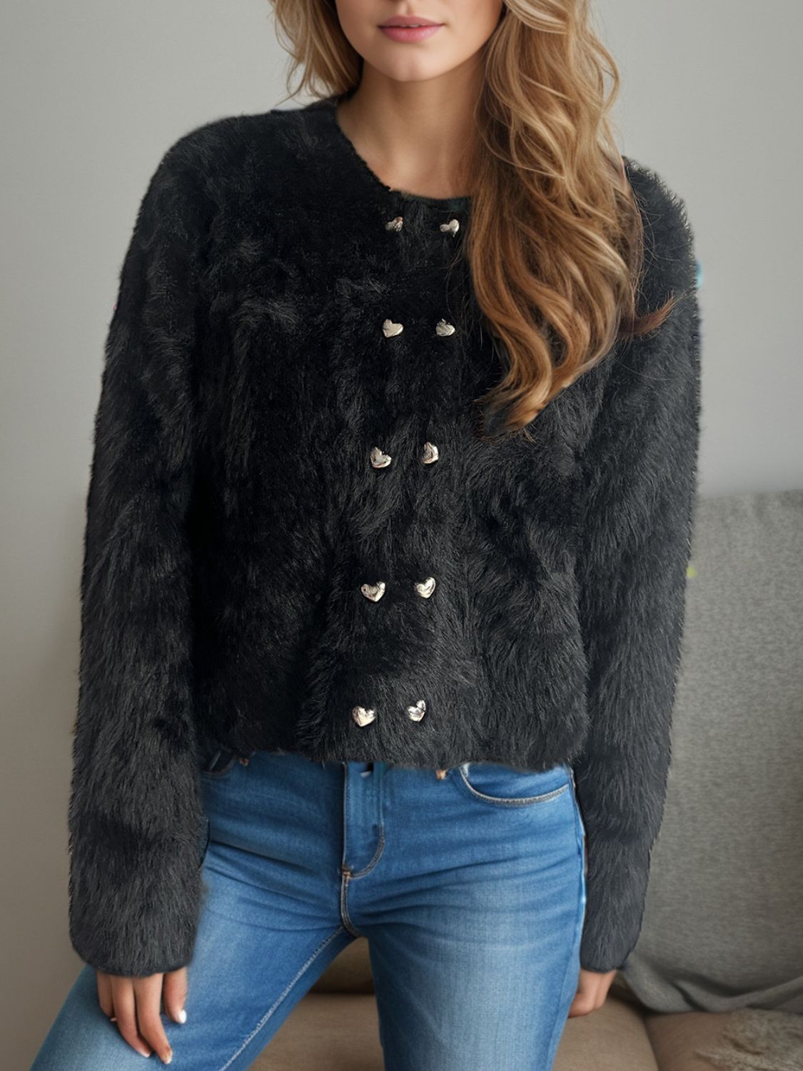 Heart Button Round Neck Cardigan Black One Size 8d56276b-ea83-4f94-99ac-e84c5c8b10da-Max Glownestbest
