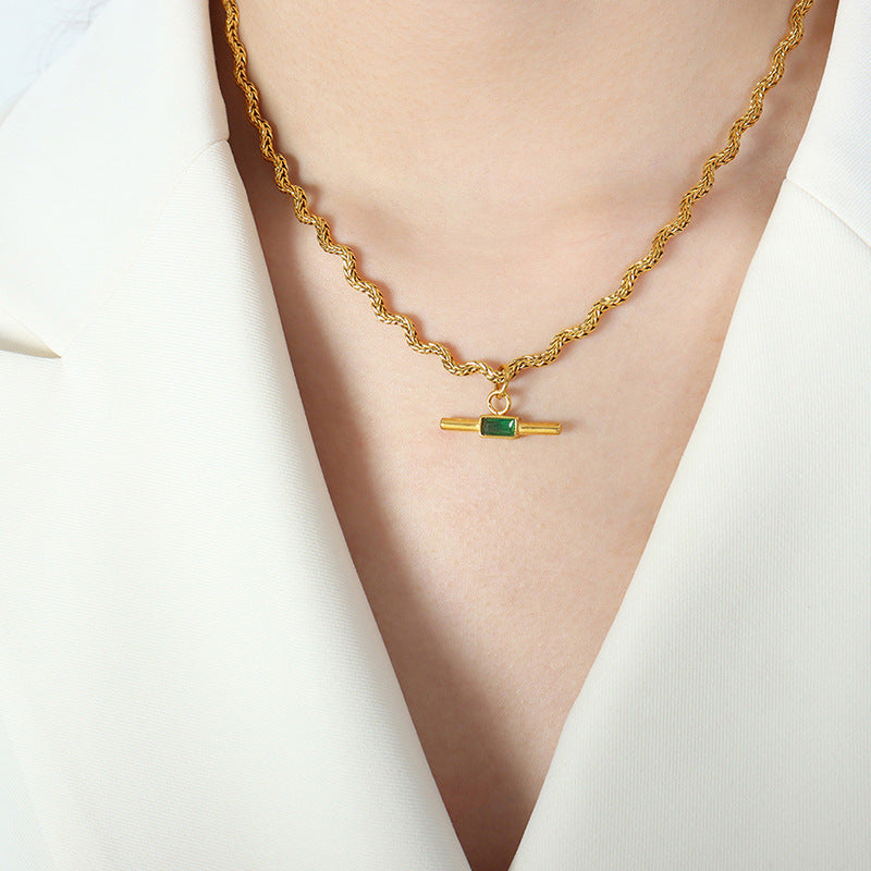 18K gold novel and trendy wave-shaped chain with square stone design necklace Green 8e15433d-7829-4618-904f-2f5a54000f36 Artshiney
