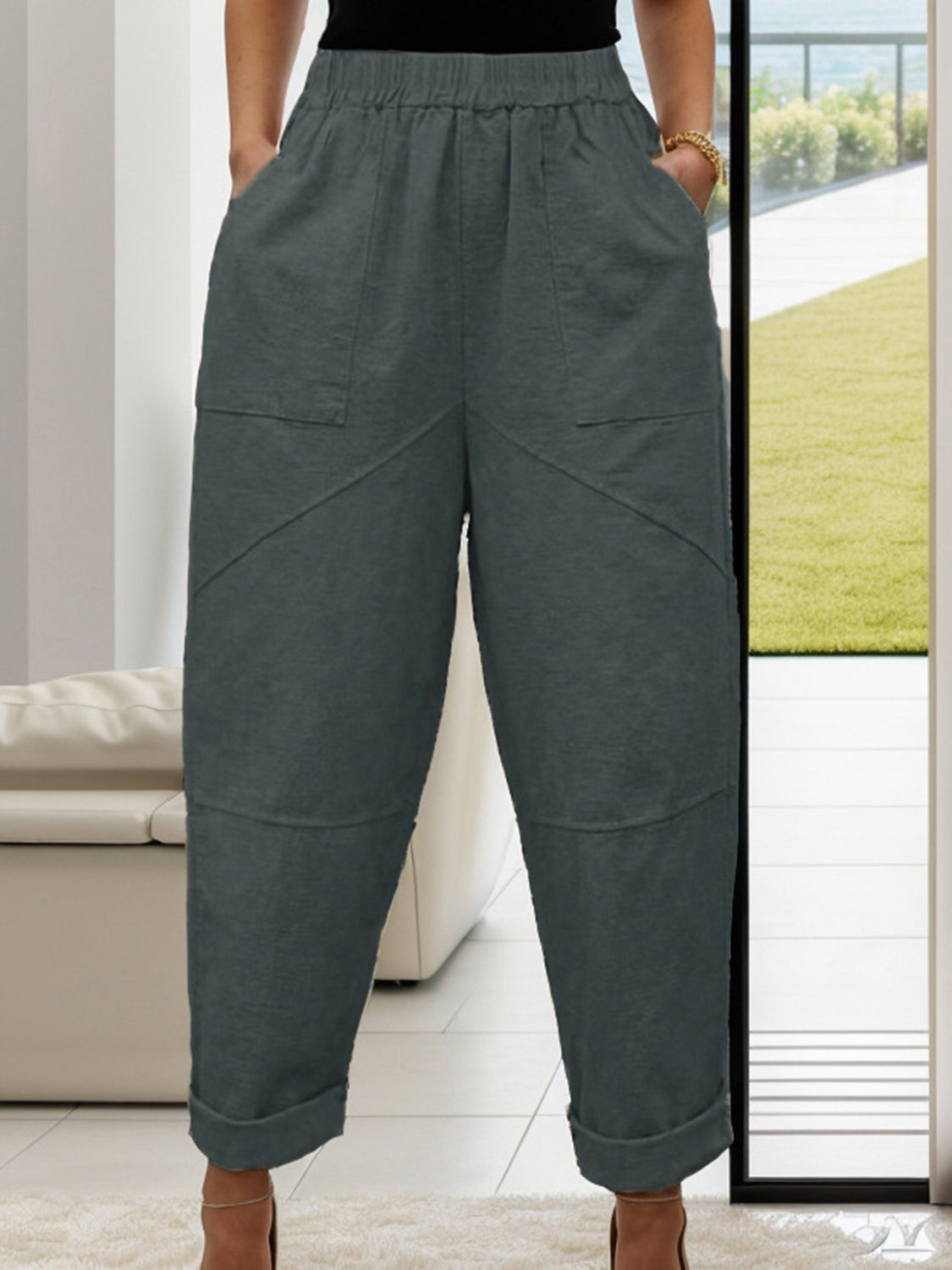 Elastic Waist Pants with Pockets French Blue 8e642351-34ac-4388-a7a5-2bfe131aa318-Max Trendsi