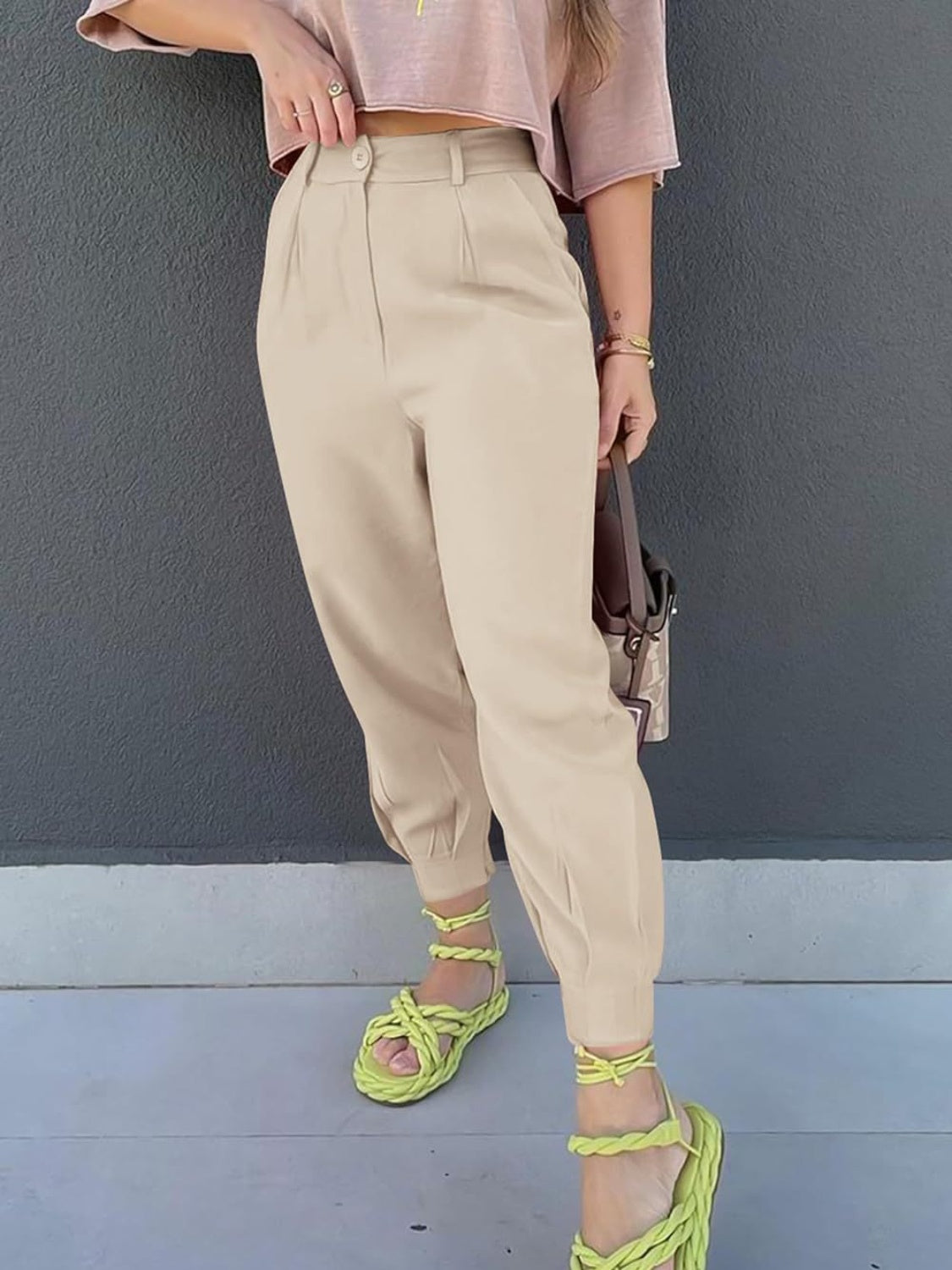 High Waist Cropped Pants Khaki 8ef8192c-c110-4882-be2e-c861fd3e4380-Max Trendsi