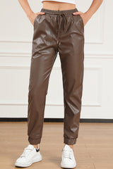Drawstring PU Leather Pants Coffee Brown 8f0cba6c4f984cdda4764d45590c9eee-Max Trendsi