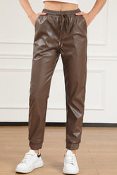 Drawstring PU Leather Pants Coffee Brown 8f0cba6c4f984cdda4764d45590c9eee-Max Trendsi