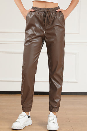 Drawstring PU Leather Pants Coffee Brown 8f0cba6c4f984cdda4764d45590c9eee-Max Trendsi