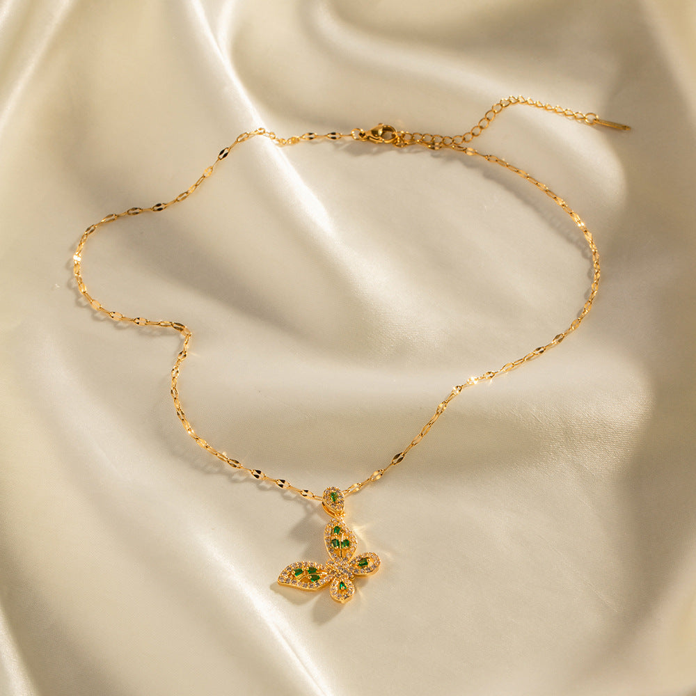 18K Gold Exquisite Dazzling Inlaid White Green Zircon Hollow Butterfly Design Pendant Necklace 8f8b5219-b0ea-4226-983a-e29f4801ddb2 Artshiney