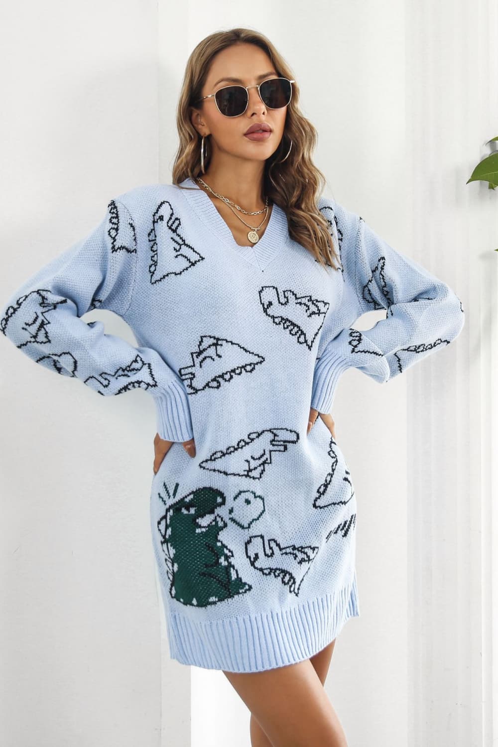 Dinosaur Pattern V-Neck Sweater Dress 8f8d41b58c104f199eff8b9af7bf9f0c-Max Glownestbest