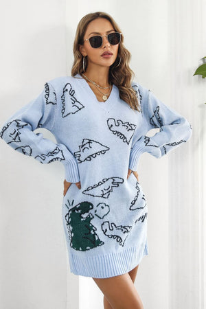 Dinosaur Pattern V-Neck Sweater Dress 8f8d41b58c104f199eff8b9af7bf9f0c-Max Glownestbest