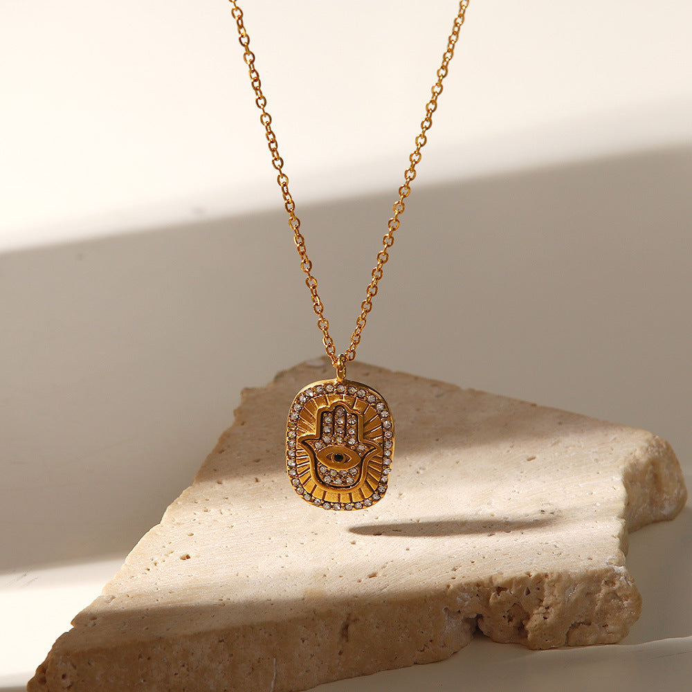 18K Gold Plated Geometric Transparent Zircon Palm Oval Eye Pendant Necklace 8fb61cf3-3b36-40ed-884a-600874b0319c Artshiney