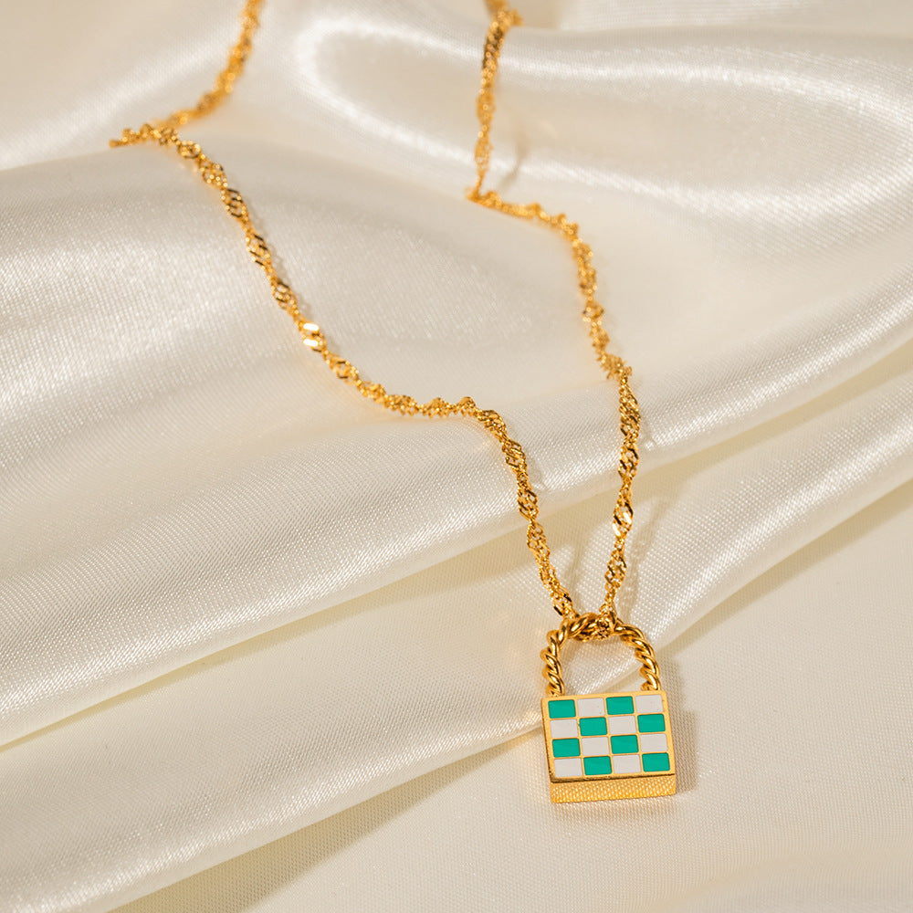 18K Novel Fashion Checker Checker Green and White Design Versatile Pendant Necklace 8fd3565a-a811-4e16-9c03-b12aef5aa6e4 Artshiney