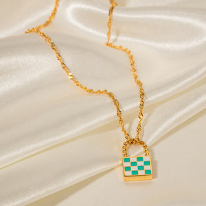 18K Novel Fashion Checker Checker Green and White Design Versatile Pendant Necklace 8fd3565a-a811-4e16-9c03-b12aef5aa6e4 Artshiney