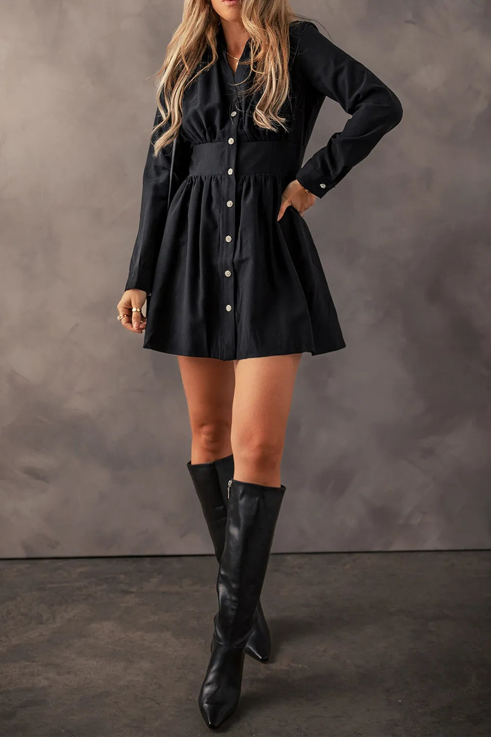 Ruched Button Up Long Sleeve Dress 901fc428-aa3f-4929-8f9a-a72556b9ec13-Max Glownestbest